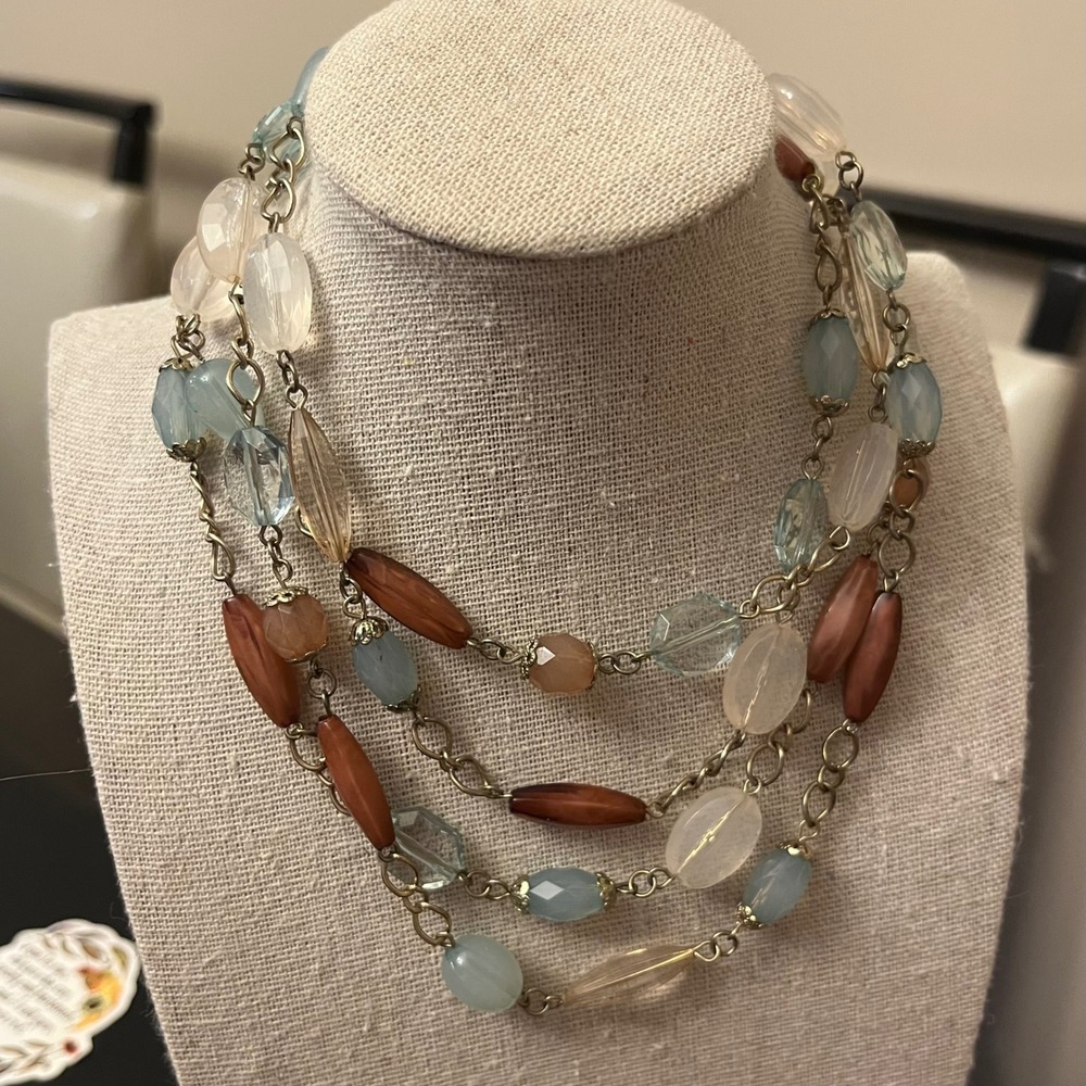 Multi Strand Beaded Statement Necklace Gold Tone Blue Cream Brown Boho